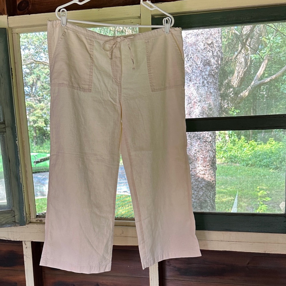 Cream Wide Leg Cropped Linen Blend Pants M